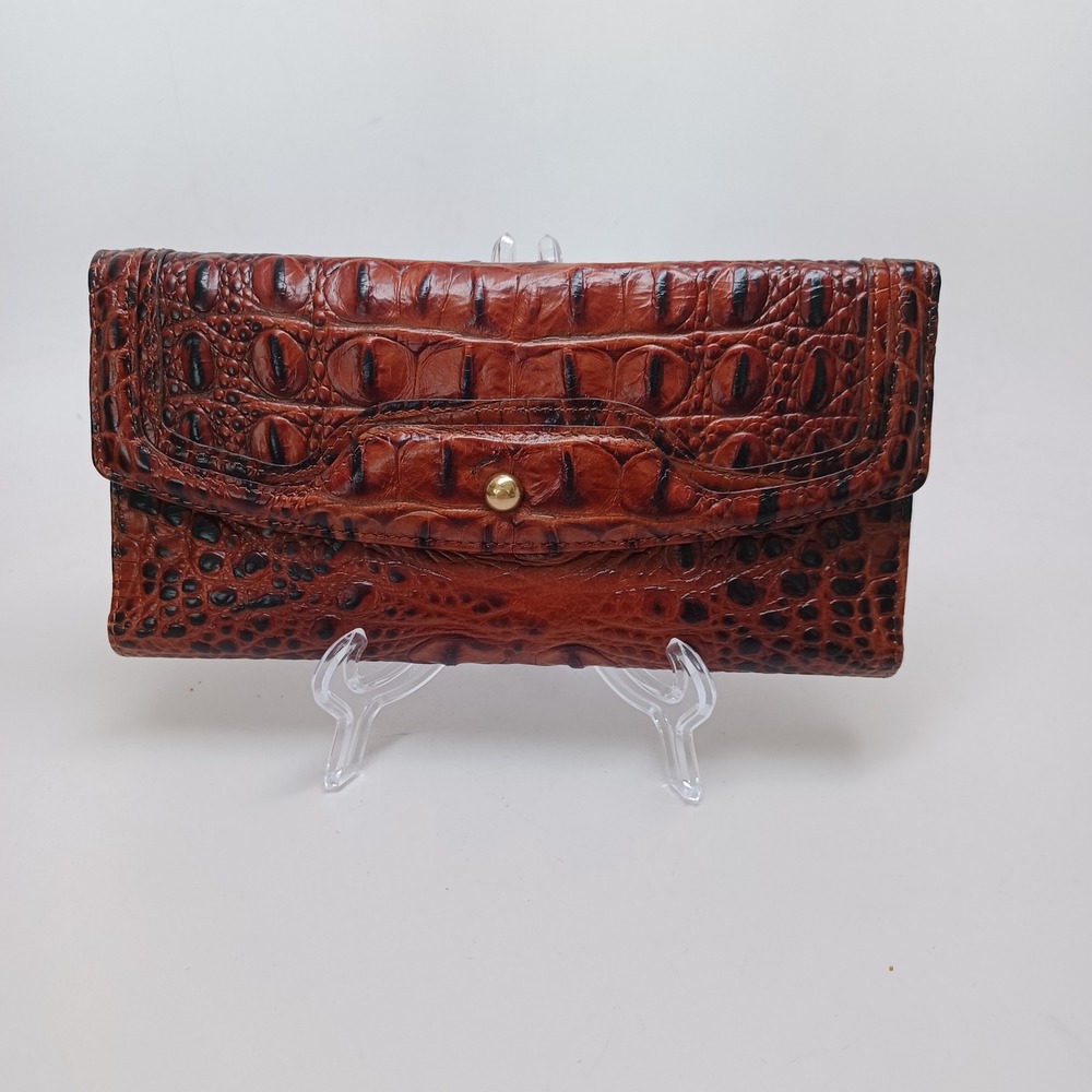 Brahmin Pecan Croc Embossed Leather Tri-Fold Checkbook Wallet Brown Gold
